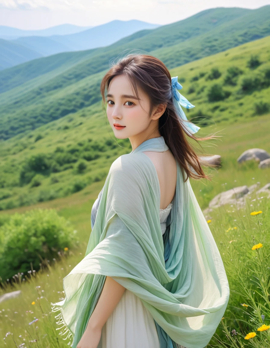 pastel color, watercolor, a ultra detailed cute photograph, Summer plateau and the frail young lady is serene and beautiful. The summer plateau is lush with greenery, with a pleasant breeze blowing through. In the midst of this, there is a frail young lady. She is wrapped in a thin shawl, enjoying the wind of the plateau. Her face is healed by the refreshing air of the plateau, gradually gaining color.