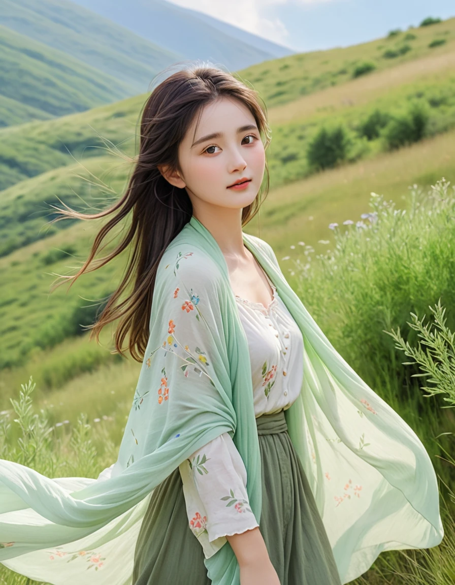 pastel color, watercolor, a ultra detailed cute photograph, Summer plateau and the frail young lady is serene and beautiful. The summer plateau is lush with greenery, with a pleasant breeze blowing through. In the midst of this, there is a frail young lady. She is wrapped in a thin shawl, enjoying the wind of the plateau. Her face is healed by the refreshing air of the plateau, gradually gaining color.