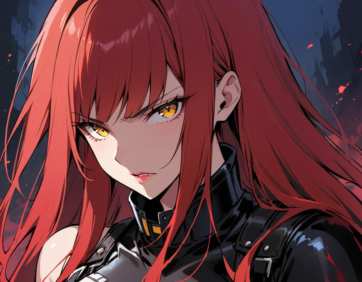 Long red hair, yellow eyes, evil, sexy, black and red clothes, cute hairstyle, evil face, evil, serious look, gloss lips, sinister, front look, bloody, gloves, (((half-body portrait))), beautiful eyes, (((black latex battle outfit))), big white, dark place, night, sensual, straight hair cut, clear skin, evil, young 30 years girl, adult girl, solo, red, very long hair, (((Older mature woman)))