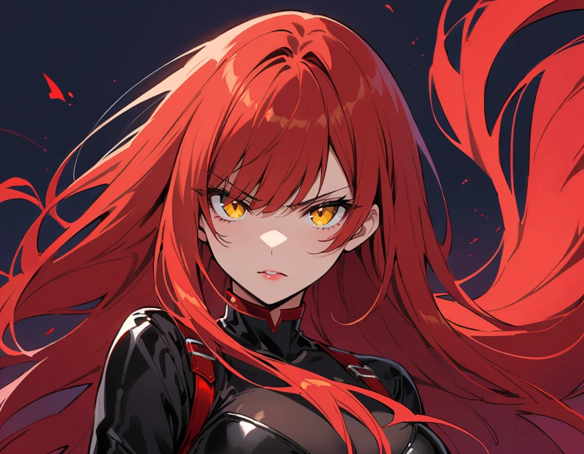 Long red hair, yellow eyes, evil, sexy, black and red clothes, cute hairstyle, evil face, evil, serious look, gloss lips, sinister, front look, bloody, gloves, (((half-body portrait))), beautiful eyes, (((black latex battle outfit))), big white, dark place, night, sensual, straight hair cut, clear skin, evil, young 30 years girl, adult girl, solo, red, very long hair, (((Older mature woman)))