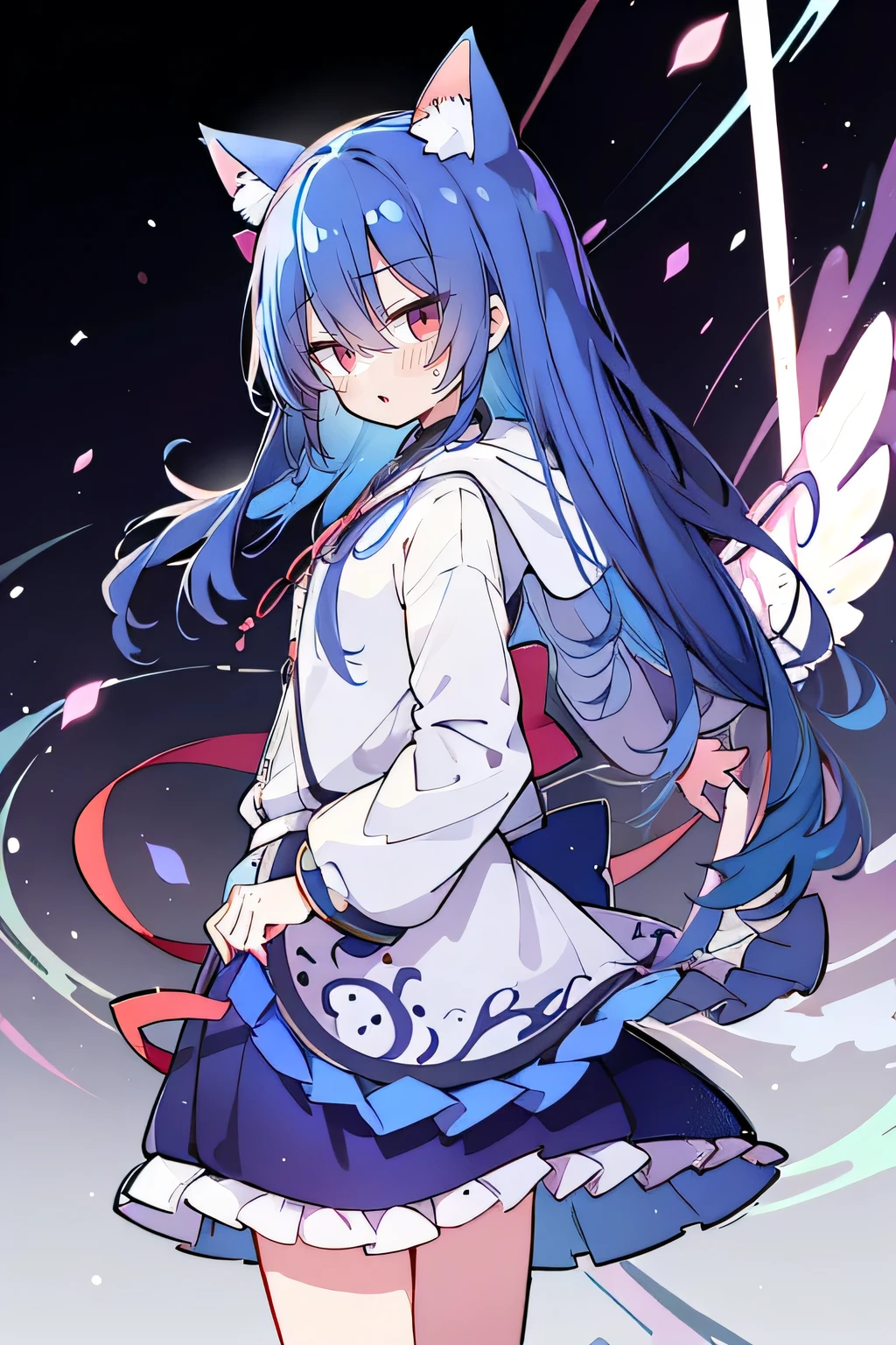 (masterpiece:1.2),Super detailed,lifelike,Expressive eyes,fair skin,perfect face shape,1 girl,
Japanese comics,Gorgeous blue hair,flowing blue hair,flowing clothes,Cat ears,Petals fall,beautiful lola,Baby Angel,
Shaking head with one hand,Cross your legs,Gentle and peaceful background,The pavilion is cool and comfortable,smile, wearing hoodie, background of tokyo,back views,snowing, winter,Angel wings,The world is open,shameful expression、Upper Body、close up、coat、skirt
