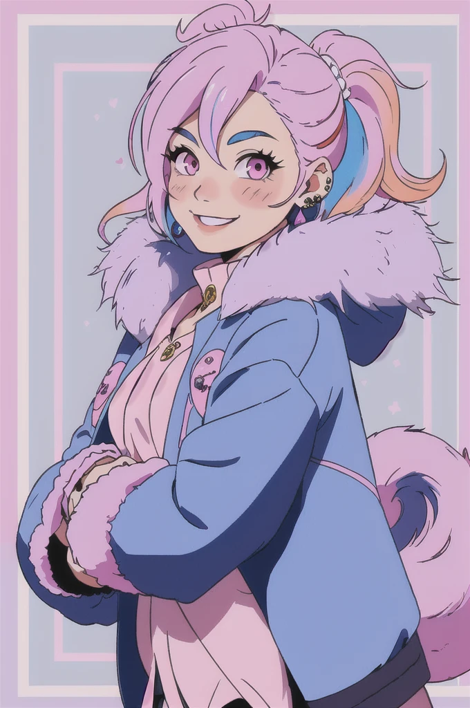 looking at the viewer, blush, SMILE, hits, long sleeves, two tails, jewelry, blue fur, Jacket, Upper part of the body, pink hair, multicolor fur, earrings