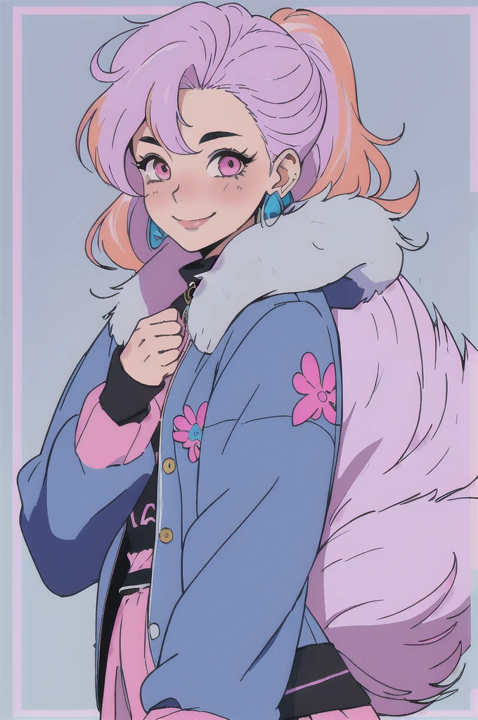 looking at the viewer, blush, SMILE, hits, long sleeves, two tails, jewelry, blue fur, Jacket, Upper part of the body, pink hair, multicolor fur, earrings