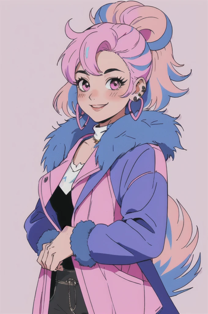 looking at the viewer, blush, SMILE, hits, long sleeves, two tails, jewelry, blue fur, Jacket, Upper part of the body, pink hair, multicolor fur, earrings