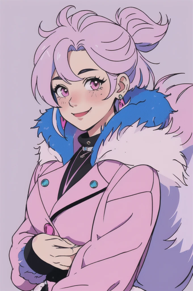 looking at the viewer, blush, SMILE, hits, long sleeves, two tails, jewelry, blue fur, Jacket, Upper part of the body, pink hair, multicolor fur, earrings