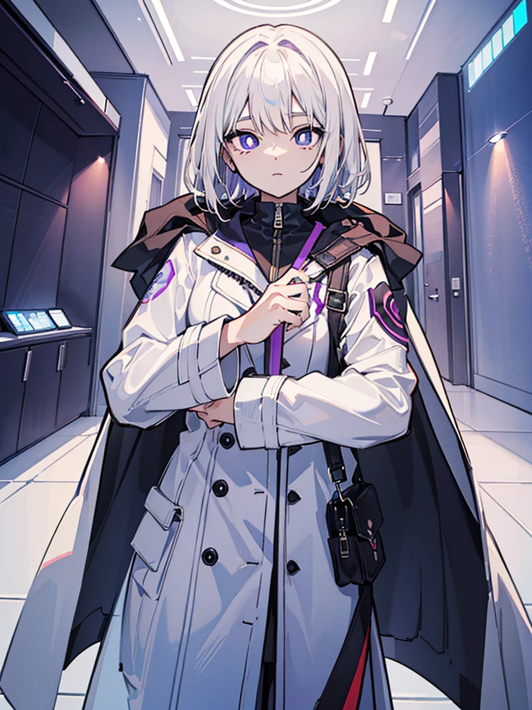 （masterpiece,Best quality,Anime style,Sense of atmosphere，CG Rendering，4K，Ray Tracing)(white hair，Purple pupils，White trench coat，Neo-futuristic design，Future Clothing）(Solo)