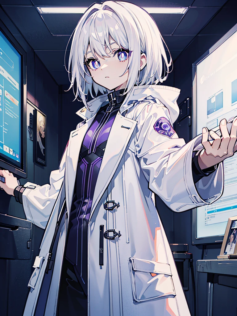 (masterpiece,Best quality,Anime style,Sense of atmosphere,CG Rendering,4K,Ray Tracing)(white hair,Purple pupils,White trench coat,Neo-futuristic design,Future Clothing)(Solo)