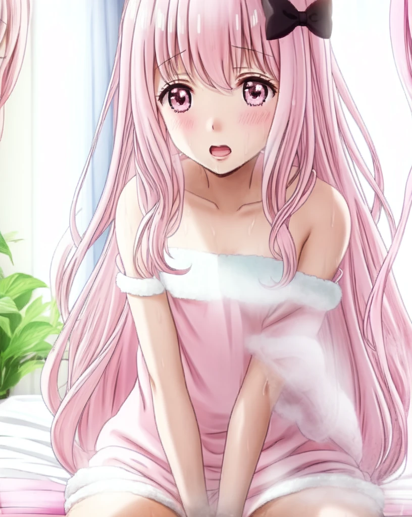 Long hair, pink hair, black bow in her hair, naked, wet body, she is masturbating in her bed