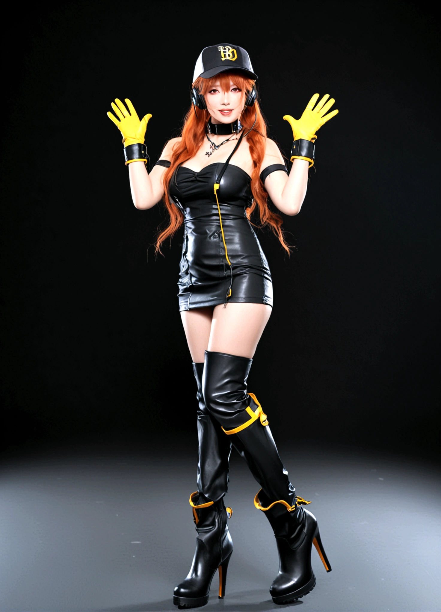 1girl, solo, long hair, breasts, looking at viewer, smile, open mouth, bangs, simple background, red eyes, gloves, hat, dress, cleavage, bare shoulders, medium breasts, standing, full body, :d, boots, choker, elbow gloves, black footwear, orange hair, high heels, tattoo, headphones, short dress, standing on one leg, knee boots, outstretched arm, black background, baseball cap, high heel boots, headset, yellow gloves