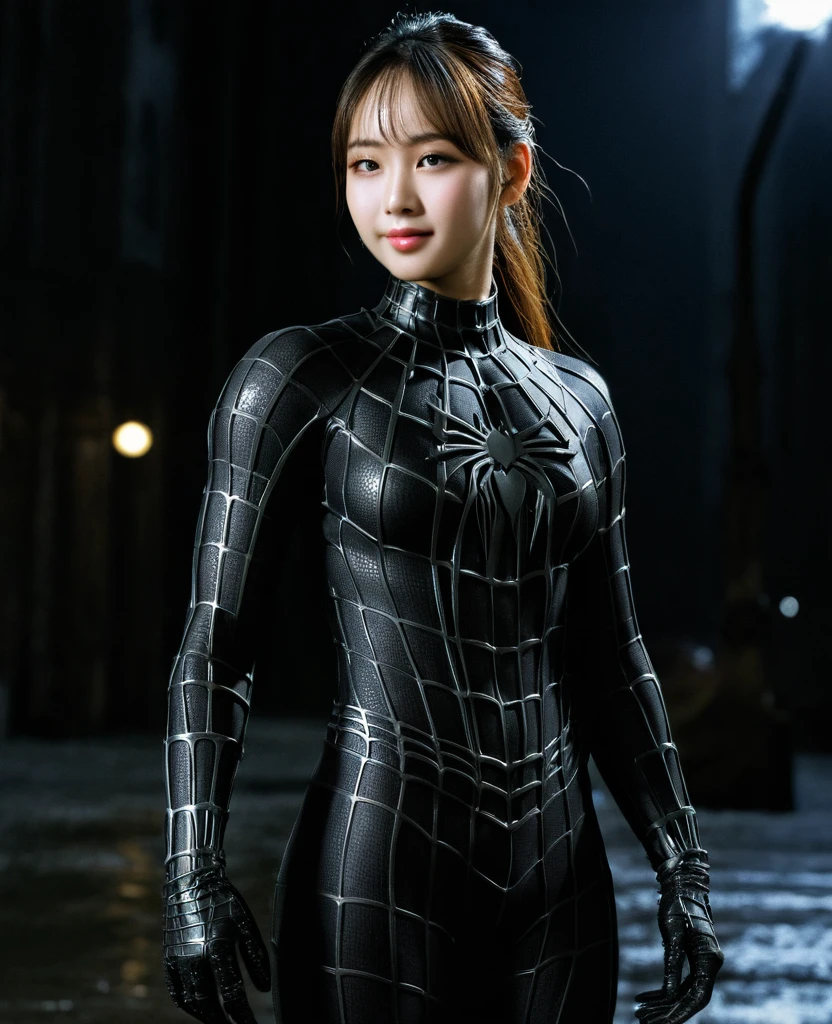 score_9, score_8_superior, score_7_superior, Highest quality, Realistic, masterpiece, Beautiful details, hyperRealistic, (One girl, Female body, smile), Big Breasts, amazing detailed whole body portrait of a beautiful ulzzang girl, wearing a Realistic and Very detailed black raimi spider-man suit, ((Huge muscular girl)), Professional model wears super-detailed black Raimi Spider-Man suit, Highly detailed and grainy black Raimi Spider-Man suit, whole bodyと手を覆うスーツ, black spiderman gloves, Wet, (Spider-Man pose), (whole body), (Dirty Skin), close superior, Octane Rendering, Very detailed, Volumetric, Dramatic lighting, (Highest quality:1.1), (High resolution:1.3), (Highest quality, Highest quality), Realistic, High resolution,
