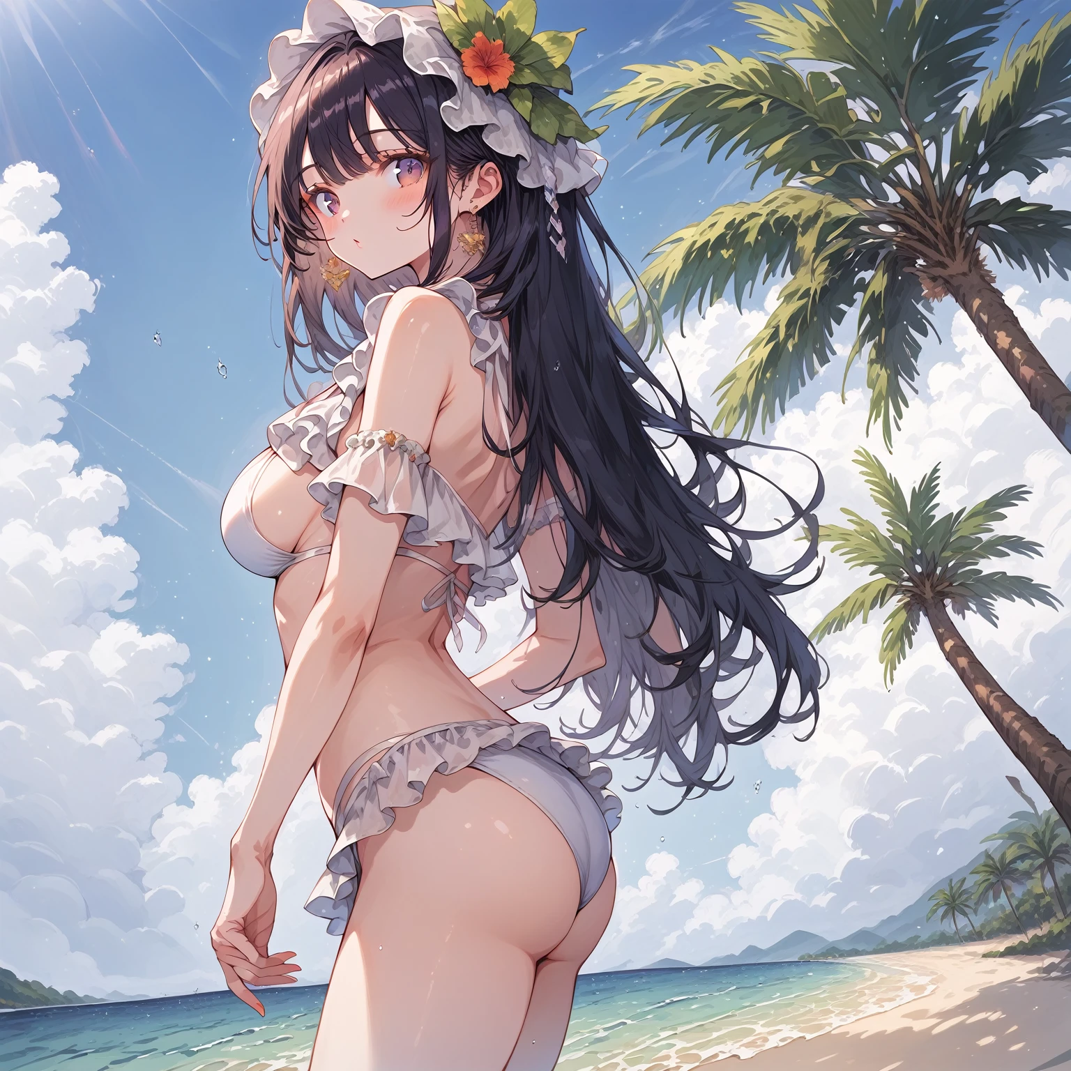 score_9, score_8_up, score_7_up, source_anime,masterpiece, best quality, high resolution, extremely detailed CG, absurdres, highres, 1girl, solo, cowboy shot,cute face, :D, summer beach background, bikini, frills,neondskdrmsxl