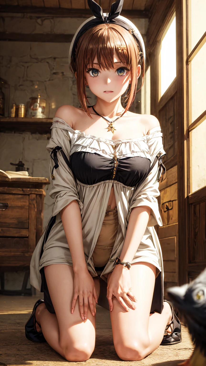 woman masturbating、Bare crotch、Crouching、Super detailed、Particles of light:0.5、Beautiful Eyes、Natural Texture、Reisalin "Ryza" Stout (Lizalynn Stout) - Atelier Ryza: Ever Darkness & the Secret Hideout The Animation (Ryza no Atelier: Tokoyami no Joou to Himitsu no Kakurega) (Atelier Ryza ~The Queen of Darkness and her Secret Hideout~) - COMMISSION、、Off the shoulder、sexual temptation、
