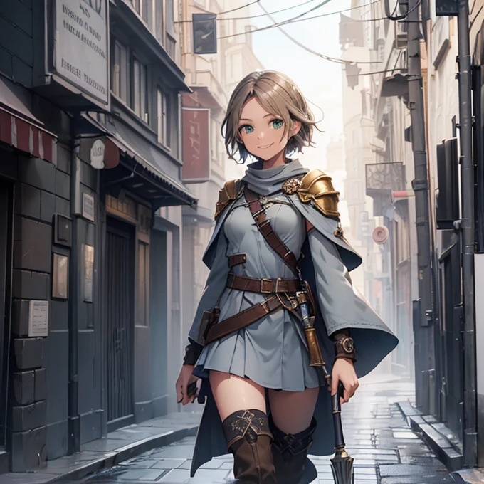 (absurdres, best high quality image, carefuly detailed features and textures, very detailed image, solo character alone, full character body and design, warcraft-aesthetic): {{(1character: 14 years old human mage girl), (fair skin, medium straight light brown hair, green eyes, medium breasts, nice body), (light blue bra, golden shoulder platea, grey cloak light blue short skirt, brown short boots), (grey steel scepter), (walking alone, calm happy smile, relaxed expression), (modern human british city)}}