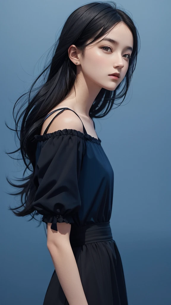 Polychrome, One girl, night, dark, Black Hair, View your viewers, Upper Body, In-person audience, Limited edition palette, Blue sky background, Shine,