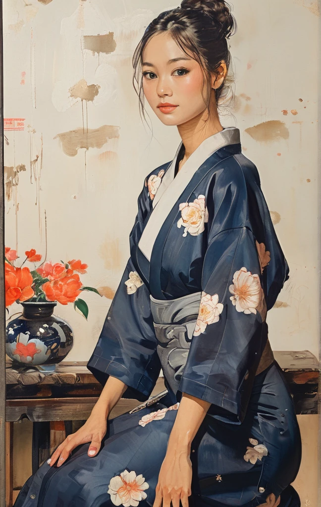 There is a woman squatting on the tatami,(((A MILF: 1.4))), (Beautiful curves:1.35),(((Dark skin))),Curvy physique,, Thick body,((bigger )),((Completely slim down )), (((Pinching the crotch while wearing a yukata))),((take off your bathrobe)),((pubes)), Samu rice paste, model in Japan,((Sexual suggestiveness)),,(Fechin oil painting - Fechin oil painting , oil painted), 00