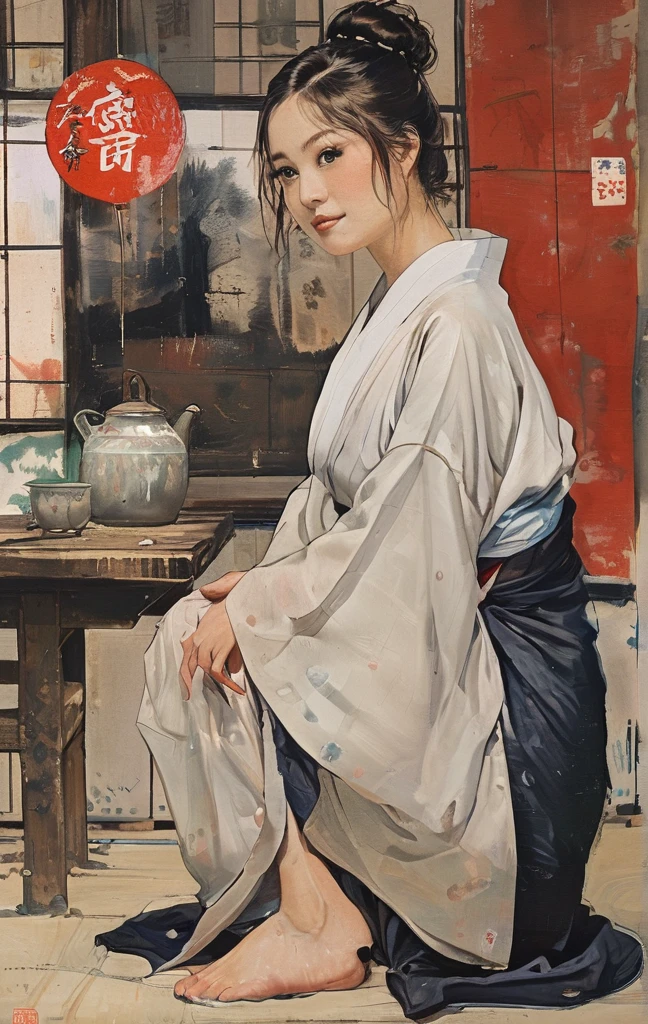 There is a woman squatting on the tatami,(((A MILF: 1.4))), (Beautiful curves:1.35),(((Dark skin))),Curvy physique,, Thick body，((bigger )),((Completely slim down )), (((Pinching the crotch while wearing a yukata))),((take off your bathrobe)),((pubes)), Samu rice paste, model in Japan，((Sexual suggestiveness)),,(Fechin oil painting - Fechin oil painting , oil painted), 00