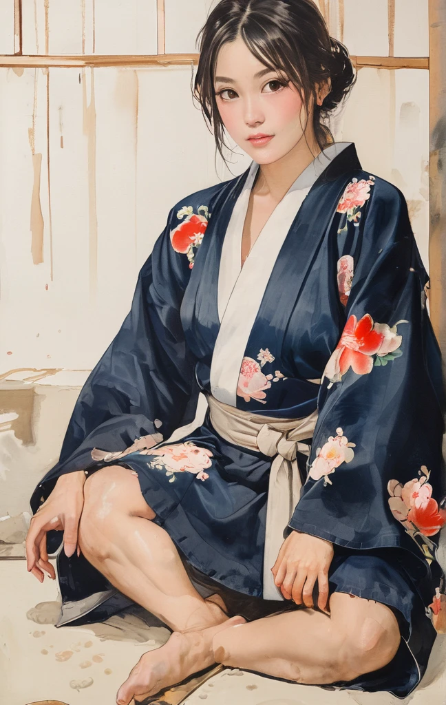 A meditative，An oriental woman，Wear vintage clothing，Meditate，largeeyes，of a real，Frontal photo --auto