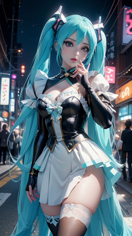 (La Highest quality,High resolution,Very detailed,Actual),Ariana Grande, chica anime Cosplay, anime Cosplay, (Hatsune MikuCosplay:1.4) , foto de Cosplay, Two white tails_gloves, Cosplay, Cute anime waifu in a nice dress, Long Hair Anime Girl, Anime Goddess, Cosplay elegante y glamoroso, Anime girl in maid outfit、More detailed 8K.Unreal Engine:1.4,High resolution,La Highest quality:1.4, Realistic:1.4, Skin Texture:1.4, masterpiece:1.8,masterpiece, Highest quality,Object Object], (Detailed facial features:1.3),(Correct Proportions)(Facial details: 1.5, Bright Blue Eyes, Beautiful Face, Cute eyes, Iris contour, thin唇: 1.5, thin, Sharp pale eyebrows, length, Thick eyelashes, Double Tab),,  (Cowboy Pose), ,( Cyberpunk 2.1), (Cute Costumes :1.4), Perfect hands: 1.5, (Perfect Anatomy), (Tokyo night alley background:1.4) 