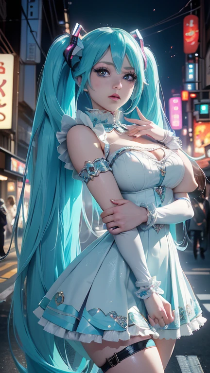 (La Highest quality,High resolution,Very detailed,Actual),Ariana Grande, chica anime Cosplay, anime Cosplay, (Hatsune MikuCosplay:1.4) , foto de Cosplay, Two white tails_gloves, Cosplay, Cute anime waifu in a nice dress, Long Hair Anime Girl, Anime Goddess, Cosplay elegante y glamoroso, Anime girl in maid outfit、More detailed 8K.Unreal Engine:1.4,High resolution,La Highest quality:1.4, Realistic:1.4, Skin Texture:1.4, masterpiece:1.8,masterpiece, Highest quality,Object Object], (Detailed facial features:1.3),(Correct Proportions)(Facial details: 1.5, Bright Blue Eyes, Beautiful Face, Cute eyes, Iris contour, thin唇: 1.5, thin, Sharp pale eyebrows, length, Thick eyelashes, Double Tab),,  (Cowboy Pose), ,( Cyberpunk 2.1), (Cute Costumes :1.4), Perfect hands: 1.5, (Perfect Anatomy), (Tokyo night alley background:1.4) 