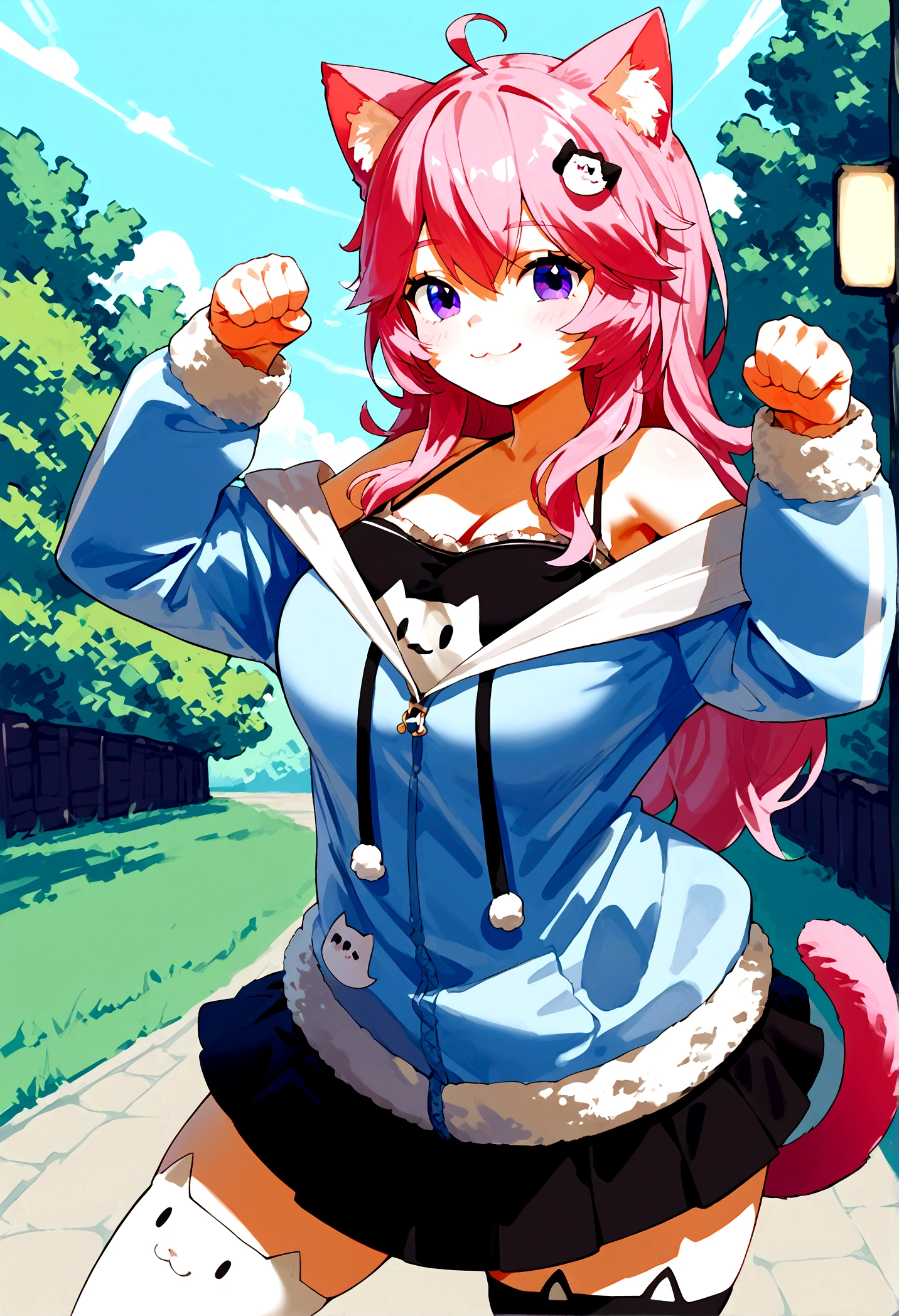 score_9, score_8_up, score_7_up, score_6_up,score_5_up,score_4_up, BREAK ,big breasts, source_anime, 1girl, solo, NyannersBase, long hair, cat ears, cat tail, hoodie, long sleeves, camisole, cat print, white skirt, cat ear legwear, asymmetrical legwear, paw pose, smile, outdoors,