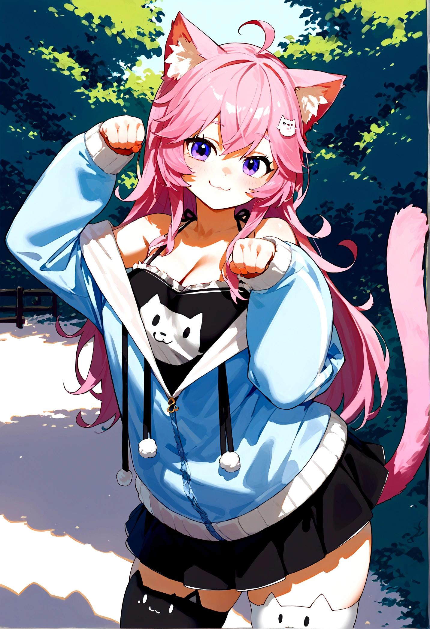 score_9, score_8_up, score_7_up, score_6_up,score_5_up,score_4_up, BREAK ,big breasts, source_anime, 1girl, solo, NyannersBase, long hair, cat ears, cat tail, hoodie, long sleeves, camisole, cat print, white skirt, cat ear legwear, asymmetrical legwear, paw pose, smile, outdoors,