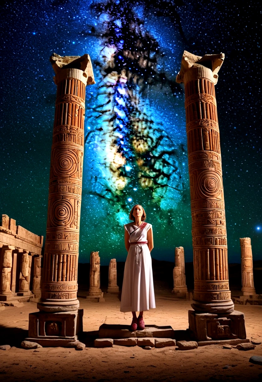 (Astrologer), An astrologer is exploring an ancient ruins, surrounded by ancient stone pillars and murals with starry sky patterns. The background is a twinkling galaxy, full body, (Photography), panoramic view, award-winning, cinematic still, emotional, vignette, dynamic, vivid, (masterpiece, best quality, Professional, perfect composition, very aesthetic, absurdres, ultra-detailed, intricate details:1.3)