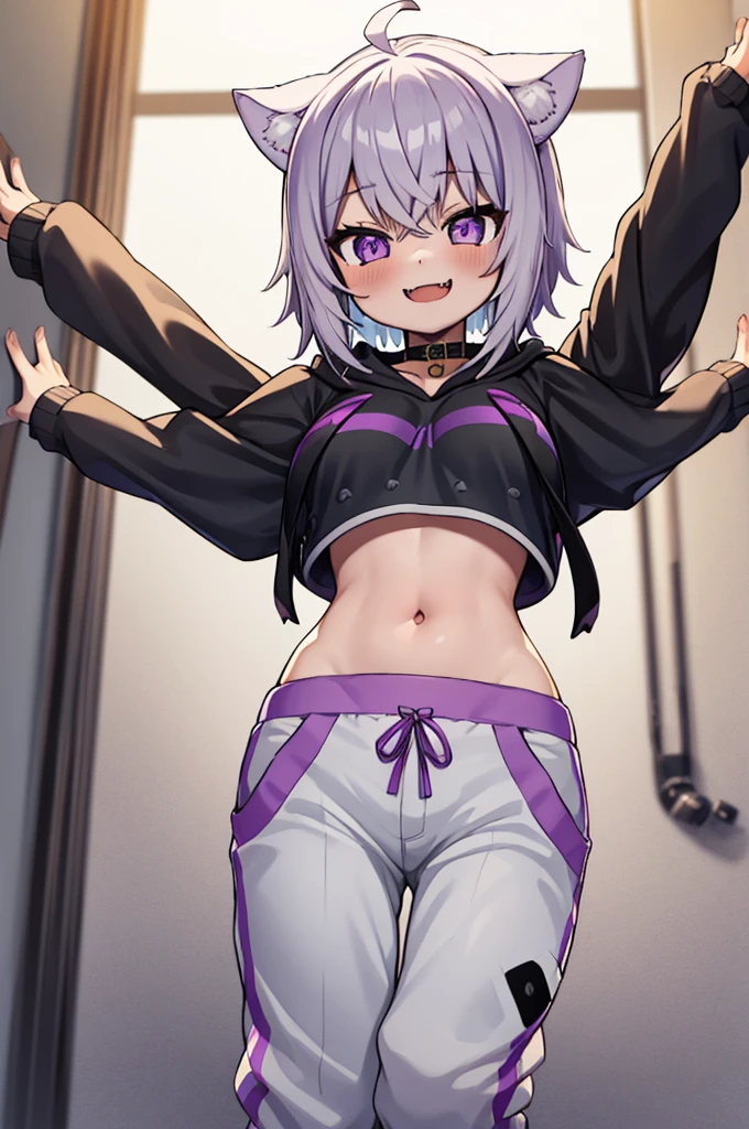 masterpiece, best quality, absurdres, perfect anatomy, 1girl, solo, okayudefault, black hoodie, (onigiri print), [navel], white pants, cat tail, ahoge, smile, fangs, spread arms, indoors, 