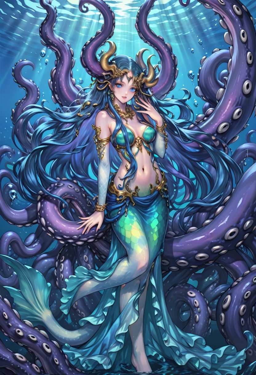 [translucent:opal:0.5], Reflective Transparent Opaque See-through Sarong, krakens, Long hair, 白色Long hair，Mermaid, Goddess of the sea, Ocean Goddess，Tentacles, Full face blush, Intricate details, light, excellent quality, Amazing shadows, Detailed description, Official Artwork, wallpaper, Official Art, Extremely detailed eyes and face, Beautiful and delicate eyes, black eyes, ((masterpiece, best quality)), from the side, whole body, Hook of Holland, Umbilical cord