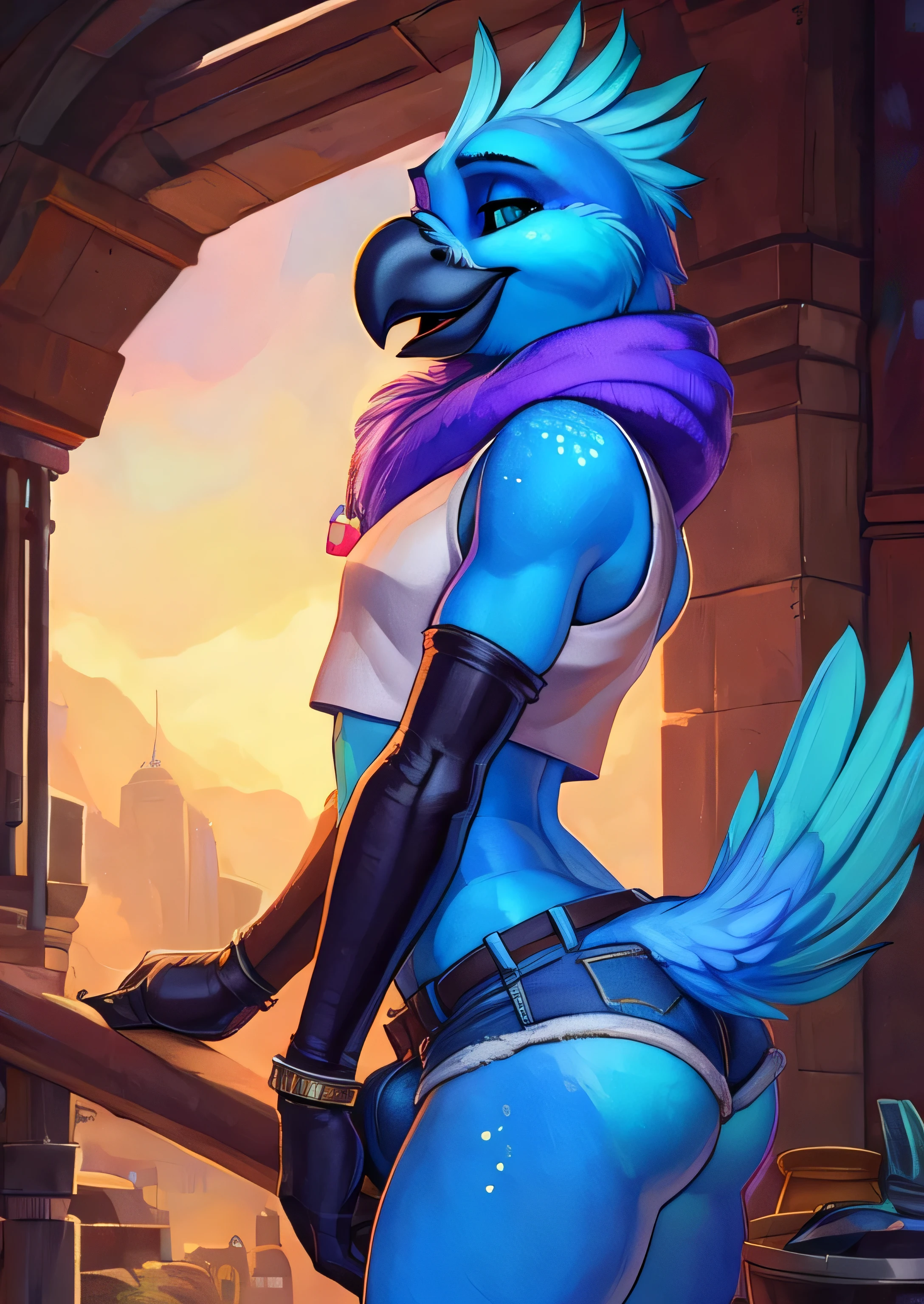 uploaded on e621, ((by PixelSketcher)), by Zaush, (by Rajii) , by Tsampikos , by Vader-San
solo male Coby, (((solo))), ((realistic)), cockatiel, anthro, furry, avian, ((clear cyan eyes)), black sclera, long cyan feather mohawk, black beak, blue body with cyan accents, bird feather tail, black bird arms, cyan claws, ((cyan glitter dots on hips)), neck tuft, (bulge,) crotch tuft, ((half-length portrait)), BREAK, (detailed Colin Campbell Cooper blue bird), (feminine, curvy), (((slim))), (skinny), twink, gay, ass, (detailed Bonifasko lighting), (chibi:1.2), (detailed skin), BREAK, (dynamic pose, seductive pose:1.3),
(outdoors, ghetto basket ball court at sunset) ((denim shorts, crop top, sneakers, backwards cap, arm warmers)), (cinematic lighting), ((detailed background)),
(((three-quarter view))), (half body shadow), (happy, wide eyes, cute), (ass focus), [backlighting], [crepuscular ray], [detailed ambient light], [gray natural lighting], [ambient light on the belly], [higher feather detail], [fluffy feather texture],
[realistic proportions], [explict content], [sharp focus], (questionable content), (shaded), ((masterpiece)), BREAK