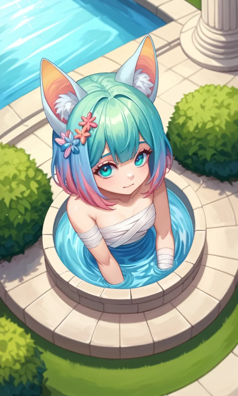 there is a very cute pokemon figure sitting in a pool, a pastel by Shitao, pixiv, furry art, a glaceon  princess, water type, from league of legends, wlop : : 5, detailed fanart, high quality fanart, illustration pokemon, mew, extremely detailed artgerm, commission for high res, nude, loli, small breasts, small smile