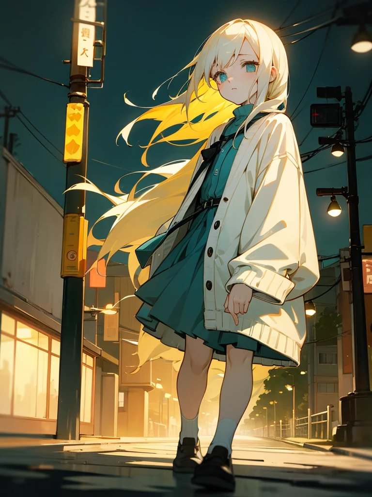 A little dark anime style、pale yellow hair、Sad eyes、Long sleeves in white、Dark teal cardigan、Street lights at night、Walking towards here、high resolution