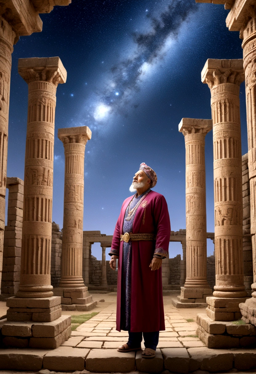 (Astrologer), An astrologer is exploring an ancient ruins, surrounded by ancient stone pillars and murals with starry sky patterns. The background is a twinkling galaxy, full body, (Photography), panoramic view, award-winning, cinematic still, emotional, vignette, dynamic, vivid, (masterpiece, best quality, Professional, perfect composition, very aesthetic, absurdres, ultra-detailed, intricate details:1.3)