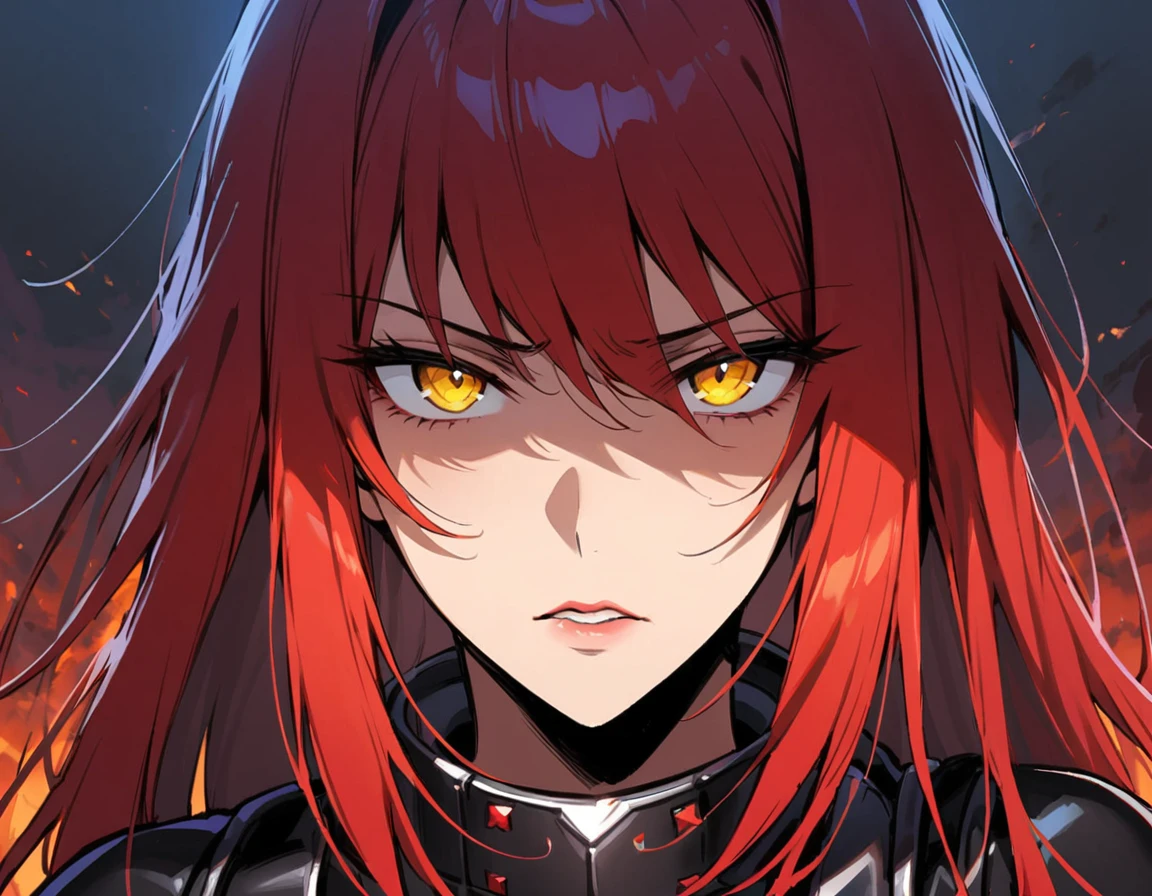 Long red hair, yellow eyes, evil, sexy, black and red clothes, cute hairstyle, evil face, evil, serious look, gloss lips, sinister, front look, bloody, gloves, (((half-body portrait))), beautiful eyes, (((black latex battle outfit))), big white, dark place, night, sensual, straight hair cut, clear skin, evil, young 30 years girl, adult girl, solo, red, very long hair, (((Older mature woman)))
Consumo esperado : 2