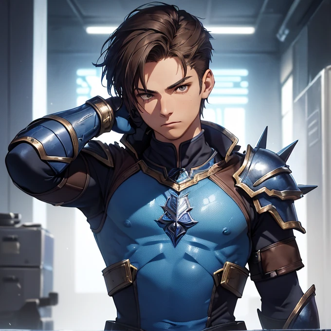 (absurdres, best high quality image, carefuly detailed features and textures, very detailed image, solo character alone, front character view, warcraft-alliance-aesthetic): {{(1character: male human gunner boy), (fair skin, brown spiky short hair, brown eyes, slender body), (dark blue light armor, dark blue light shoulder plates, blue body suit under the armor, blue pants under the armor, dark blue gauntlets, dark blue metal long boots), (silver pistol), (relaxed shooter pose, holding his pistol with his left hand, combat pose), (modern human british city)}}