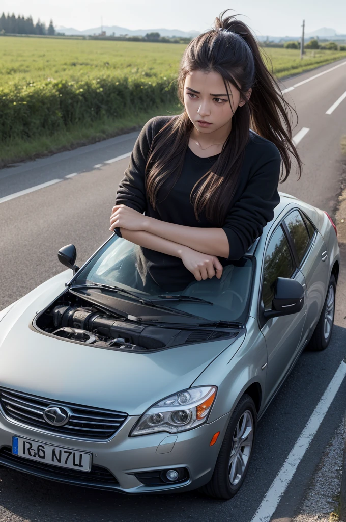 Young woman with broken car on the road