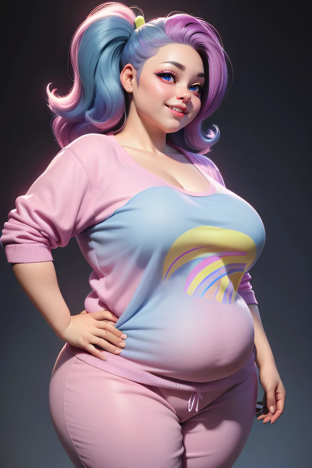 A hyper realistic carricature ,photorealism,of a fat woman 25 yo.with random rainbow hair style,standing.wearing sexy grey pijama ,light smile, high detail,3d render,high definition