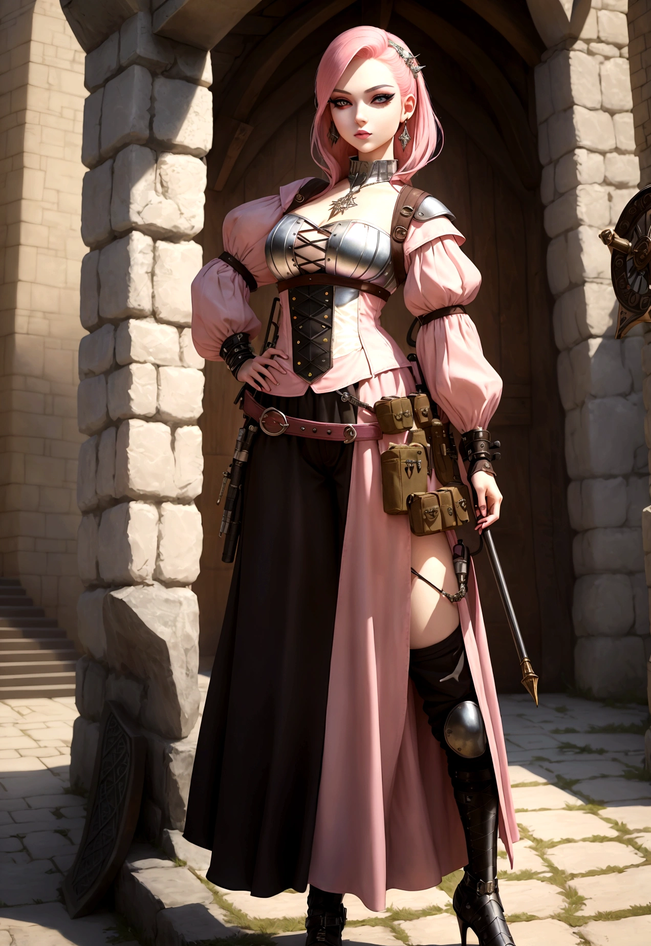 photo of celebrity, RAW, beautiful woman, ((portrait)), ((detailed face, colorful rainbow hair:1.2)), ((detailed facial feature, detailed skin, clear skin, parted lips), (perfect proportioned body, medium breasts), (wearing revealing clothes, brown leather, cowl, cloak, corset, skirt, long boots, buckles, straps, pouches, fabric, brown leather: 1.5)), (high detailed park with cherry blossoms: 1.3), (realistic photo, best quality, detailed), (8k wallpaper), (cinematic lighting, dramatic lighting) (sharp focus, intricate)