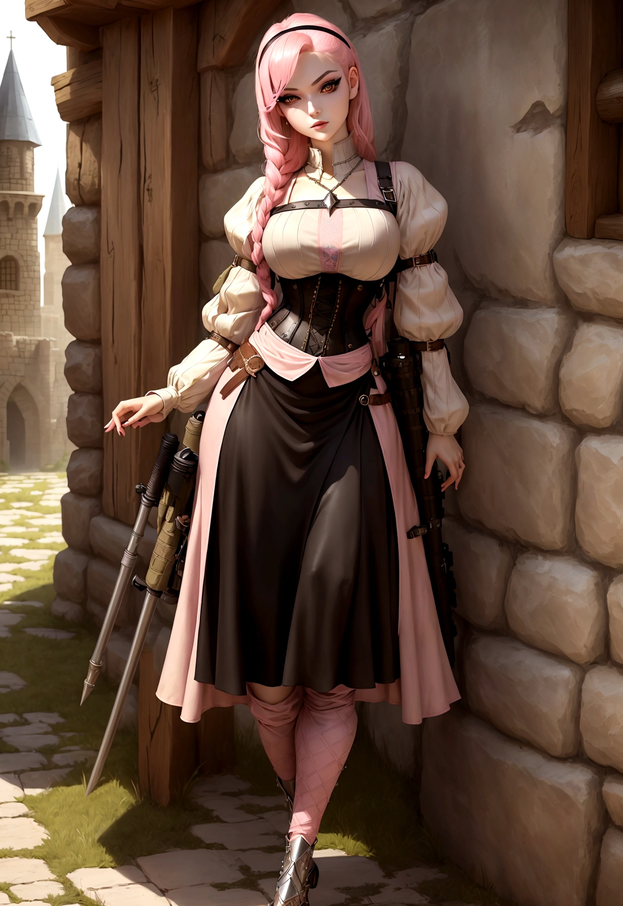 (masterpiece, Best quality, 32 thousand.), (((facing the viewer, full height))), ((full body)), Young teenage girl with pink hair , ((pink глаза)), ((Eyeliner)), ((Beautiful face, sultry face, mischievous face, fine features, sexy face)), ((pale skin, Smooth skin, perfect skin)), ((cute outfit, Stylish outfit, Medieval attire, fantasy outfit, tactical equipment:1.3))