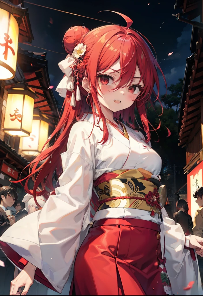 Red eyes,smile,Open your mouth,Red flower pattern kimono,
