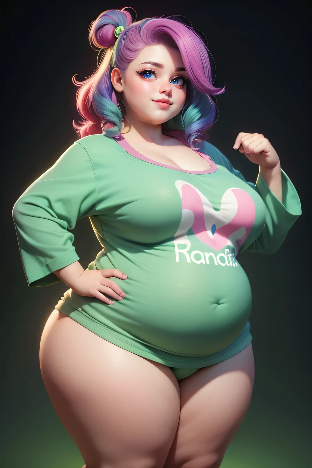 A hyper realistic carricature ,photorealism,of a fat woman 25 yo.with random rainbow hair style,standing.wearing sexy green pijama ,light smile, high detail,3d render,high definition