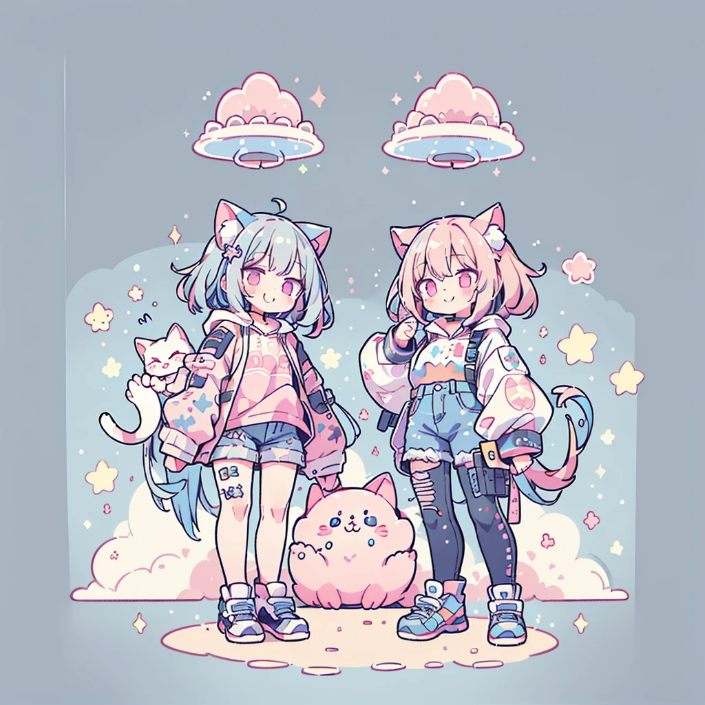 (Highest quality,masterpiece,Extremely complex and exquisite details),(Only a woman with gray-blue cat-eared hair is standing,Gray blue super long straight hair,Curly hair at the ends,Super thin air bangs,Gray pink T-shirt and denim hooded short jacket,Black and gray long cargo pants,pink and white sneakers,Smile slightly,Surrounded by tons of cute short-legged cats,Correct anatomy),Super Q cute 3D wireless painting style,Starry sky background vertical painting space scene