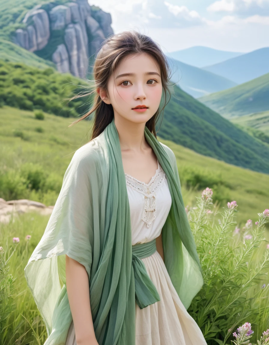pastel color, watercolor, a ultra detailed cute photograph, Summer plateau and the frail young girl is serene and beautiful. The summer plateau is lush with greenery, with a pleasant breeze blowing through. In the midst of this, there is a frail young lady. She is wrapped in a thin shawl, enjoying the wind of the plateau. Her face is healed by the refreshing air of the plateau, gradually gaining color.