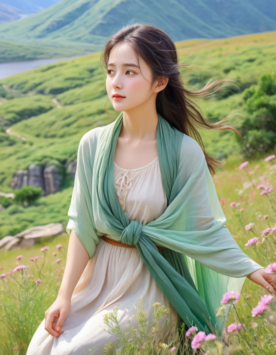pastel color, watercolor, a ultra detailed cute photograph, Summer plateau and the frail young girl is serene and beautiful. The summer plateau is lush with greenery, with a pleasant breeze blowing through. In the midst of this, there is a frail young lady. She is wrapped in a thin shawl, enjoying the wind of the plateau. Her face is healed by the refreshing air of the plateau, gradually gaining color.