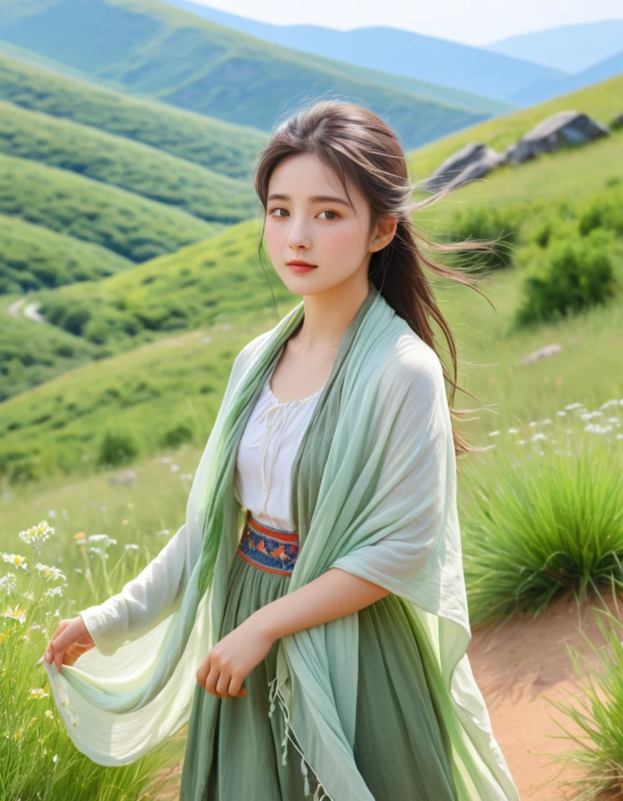 pastel color, watercolor, from behind, a ultra detailed cute photograph, Summer plateau and the frail young lady is serene and beautiful. The summer plateau is lush with greenery, with a pleasant breeze blowing through. In the midst of this, there is a frail young lady. She is wrapped in a thin shawl, enjoying the wind of the plateau. Her face is healed by the refreshing air of the plateau, gradually gaining color.