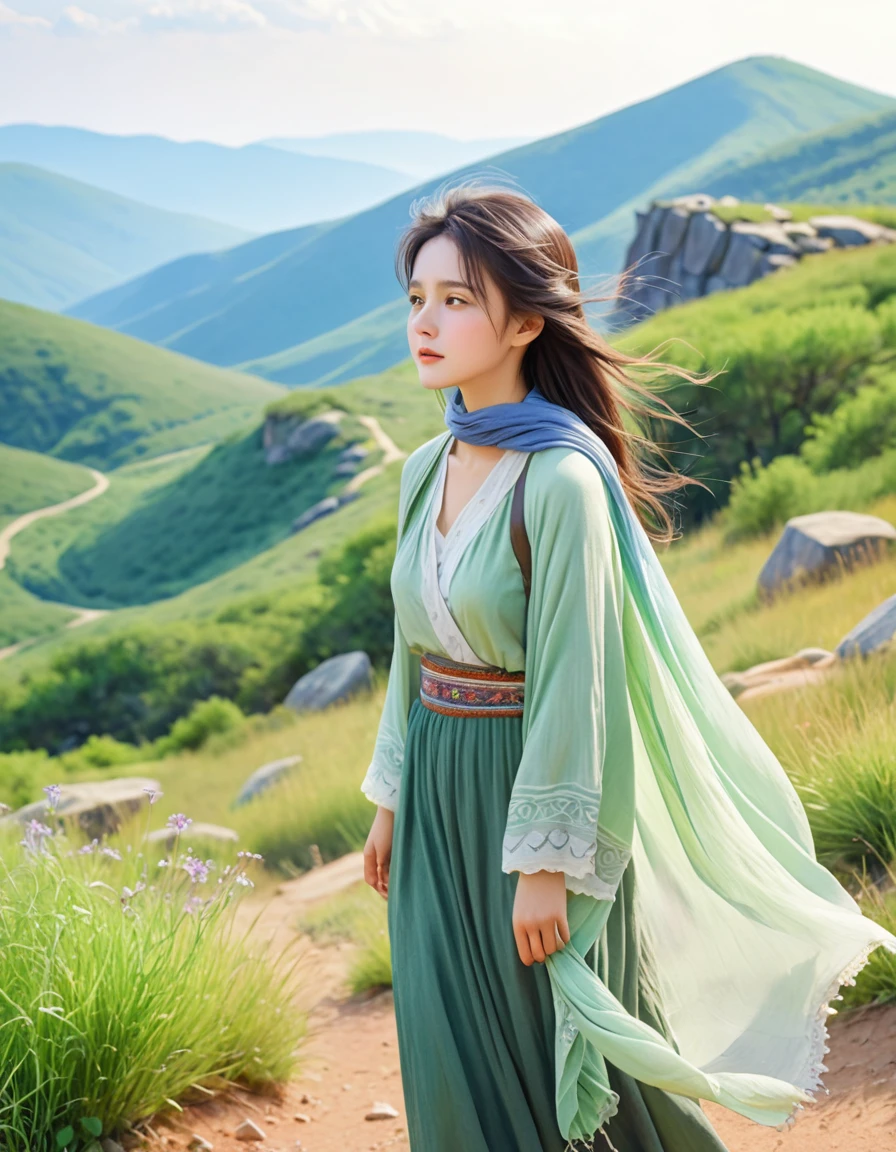 pastel color, watercolor, a ultra detailed cute photograph, Summer plateau and the frail young girl is serene and beautiful. The summer plateau is lush with greenery, with a pleasant breeze blowing through. In the midst of this, there is a frail young lady. She is wrapped in a thin shawl, enjoying the wind of the plateau. Her face is healed by the refreshing air of the plateau, gradually gaining color.