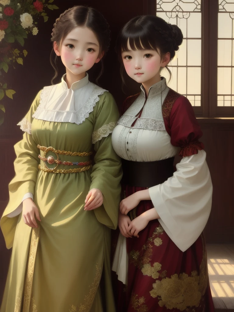 picture of european girl, beautiful drawing of the characters, jinyoung shin art, Ye Xin, artwork in the style of Gouvez, Annie Stegg Gerard, Zhang Han, Gouvez masterpiece, Gouvez, beautiful portrait, beautiful illustration, by Zeng Jing, by Tosa Mitsuoki, hair tied up in a bun, Small braids, green eyes, European national dress of a noblewoman, Middle Ages, nobility, high detail