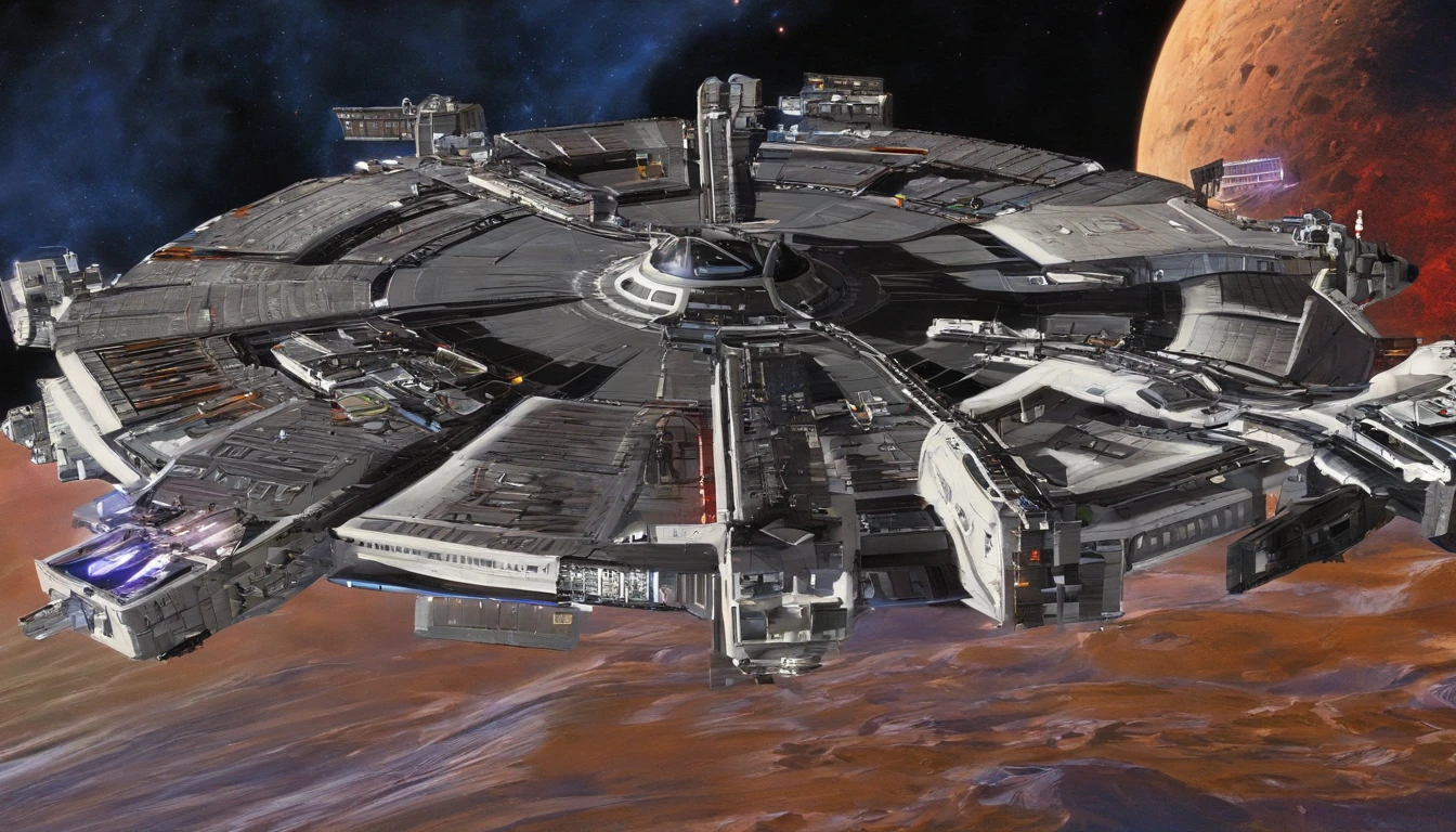 (((The space station is massively bigger than Babylon 5, but in the shape of Deep Space 9))). (((The space station has 6 O'Neal Class space stations off in 5 directions, & 1 down the middle))).There are hundreds of starships going to & fro, from the station, at any hour of the day. This station is a nod, to J. Michael Strazynski, H.G. Wells, Stanley Kubrick, & Norman Rockwell.