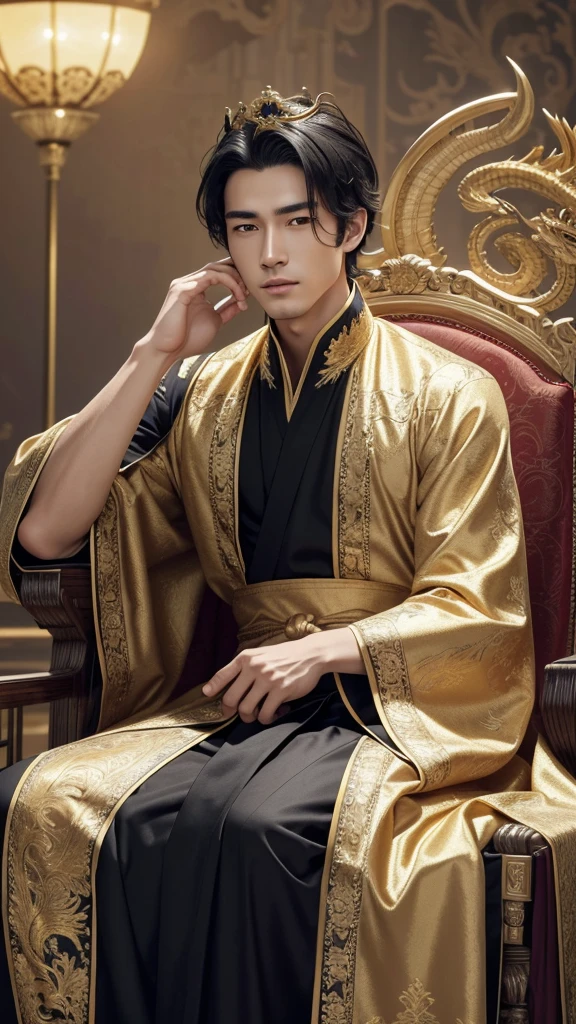 (Perfect detail: 1.5, 8k wallpaper, masterpiece, Highest quality, Super detailed) male, Emperor, Delicate facial features, Asian Face, Short black hair, Thin Hair, Tied Hair, Golden silk embroidered dragon robe, Hanfu, Sitting on a dragon chair, Put your hands on your head, Palace Background, ancient golden Emperor crown