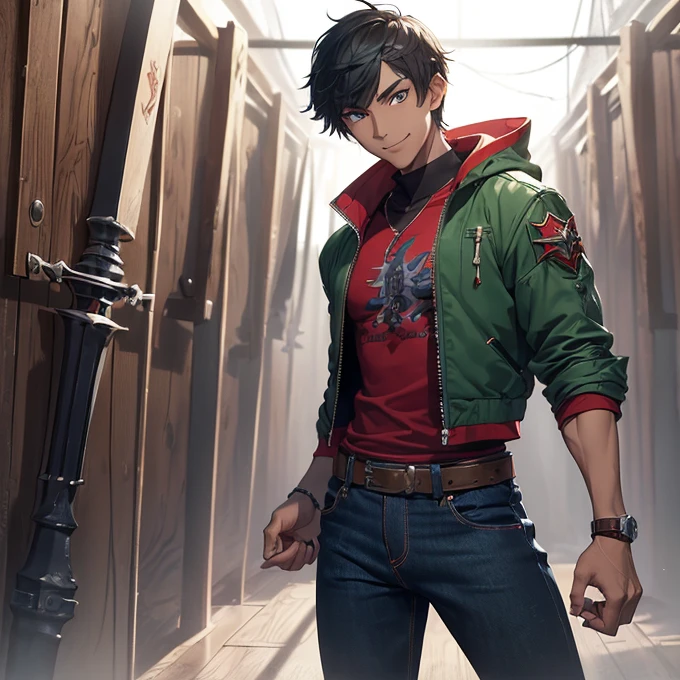 (absurdres, best high quality image, carefuly detailed features and textures, very detailed image, solo character alone, full character body and design, warcraft-stormwind-aesthetic): {{(1character: civilian vampire boy), (grey skin, brown eyes with black pupils, slender body, black spiky short hair, black sharped eyebrows), (green open jacket, red t-shirt under the jacket blue jean pants, red sport shoes), (calm happy smile, relaxed cheerful expression, boxer fighting pose), (military knight garrison camp, full of weapons and blue tents)}}