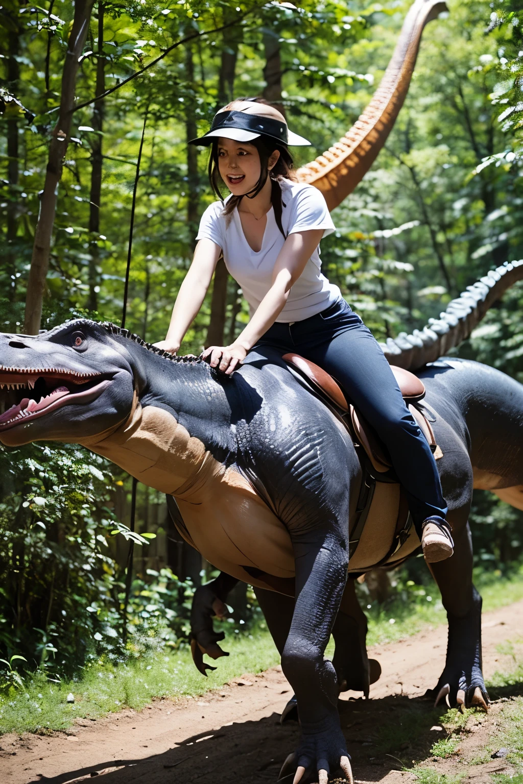 create an Amazon riding a dinosaur